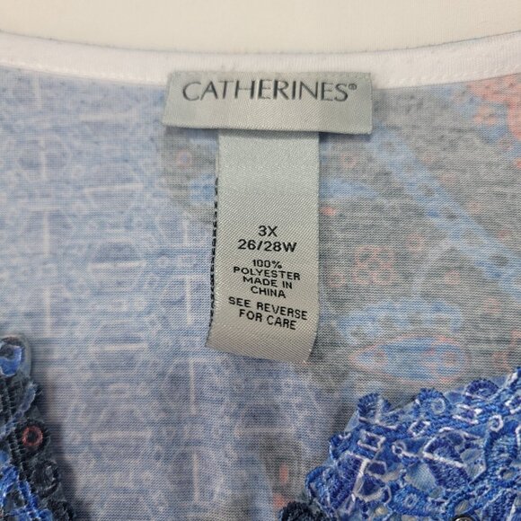 Catherines Women's 3/4 Sleeve Blue Red Print Women's Shirt Top Crystal Accent 3X - Picture 3 of 7